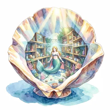a mermaid library inside a giant seashell sunlight through the water watercolor illustration