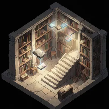 an ancient library with floating books and a staircase of light isometric illustration