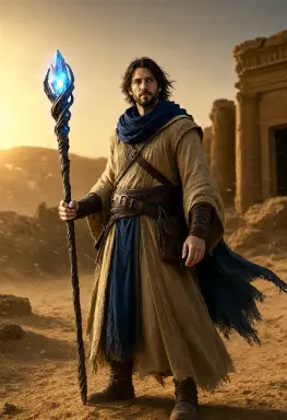 a fantasy character concept of a desert mage in layered sand coloured robes a deep blue scarf and leather
