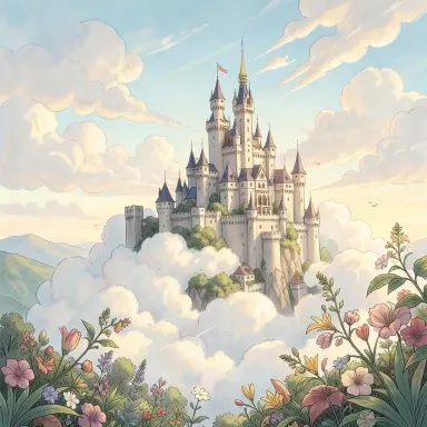 a cloud castle botanical illustration on a windy afternoon