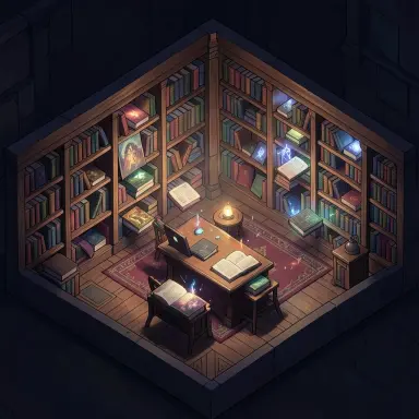 a magic library with floating books isometric