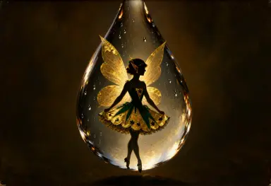 the image is a luminist painting of a sprite in a raindrop in an irish dancing dress in the 1920s lit by