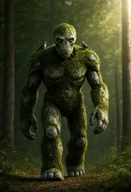 a fantasy creature concept of a giant moss covered stone golem walking through a forest birds nesting on its