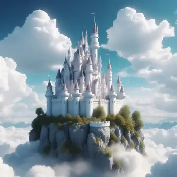 a white magic flying fantasy castle on a cloud