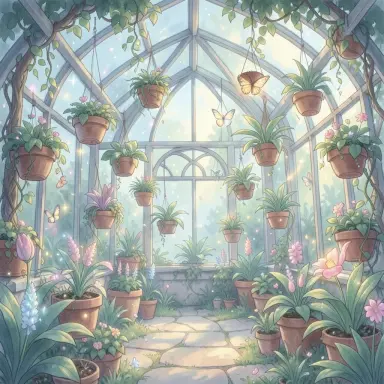 a magical greenhouse where plants glow and float children book illustration soft colours
