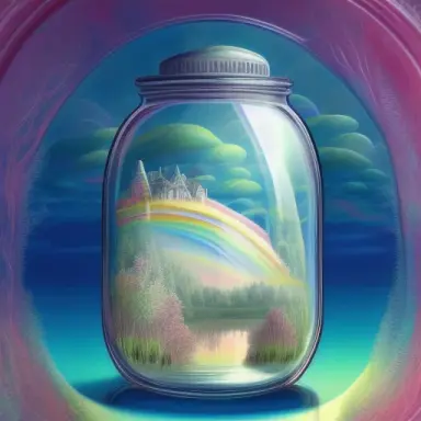 exquisitely intricately detailed illustration, of a small world with a lake and a rainbow, inside a closed glass jar. Negative p