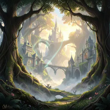 an elven city built into giant trees with bridges of light dawn mist fantasy concept painting