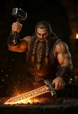 a fantasy concept art of a dwarf blacksmith hammering a glowing rune sword in an underground forge lit from