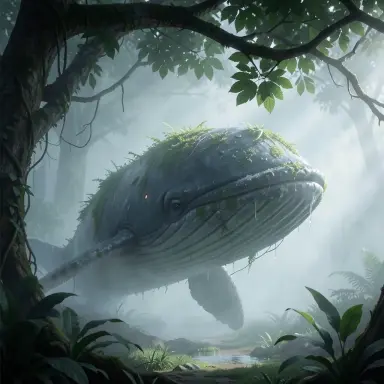 a half built whale made of mist sheltering under a leaf