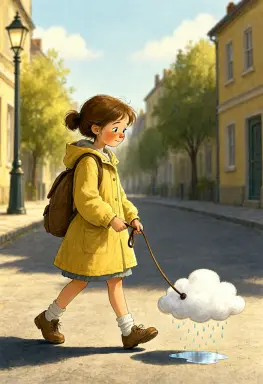 a storybook illustration of a girl walking her pet cloud on a leash through a sunny town the cloud raining a