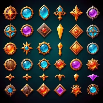 a set of fantasy icons for crafting game, rpg, vector, ui, ux, abstract, stylized, 2 d, very high quality, intricated details