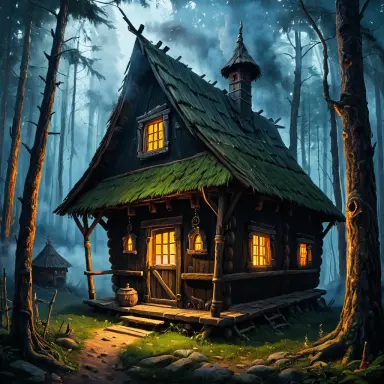baba yaga s hut with windows and smoke luminist painting