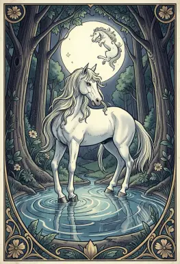 unicorn drinking from a moonlit forest pool art nouveau illustration with flowing lines