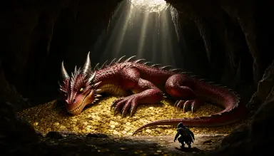a fantasy concept art of a dragon sleeping on a hoard of gold in a vast cavern a tiny thief sneaking in the