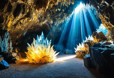 photograph style of a glowing crystal cave with sunlight pouring in blue and gold masterpiece
