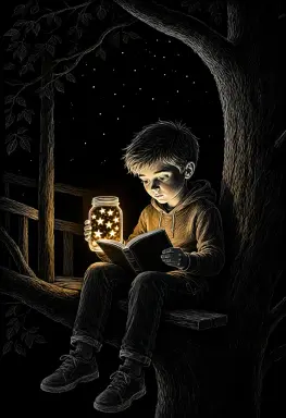 a scratchboard illustration of a boy reading in a treehouse at night by the light of a jar of captured stars