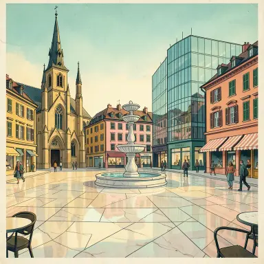 a sunlit city square with a fountain and buildings of different eras, 1950s illustration style, FLUX.2