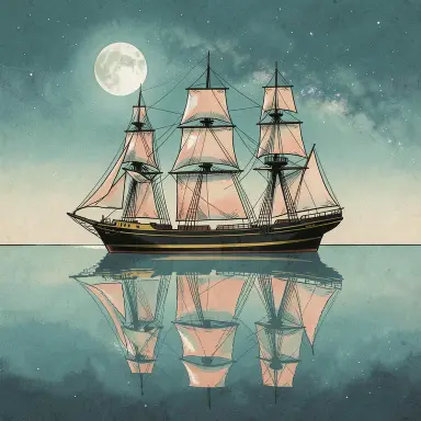 a clipper ship on a mirror-flat sea under the full moon, 1950s illustration style, FLUX.2