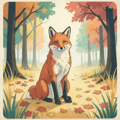 a red fox sitting in an autumn clearing, 1950s illustration style, FLUX.2