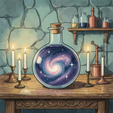 a galaxy swirling inside a glass flask in an alchemist's laboratory, 1950s illustration style, FLUX.2