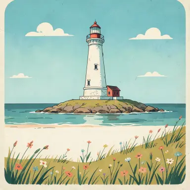 a lighthouse on a rocky islet, beach and dunes in front, 1950s illustration style, FLUX.2