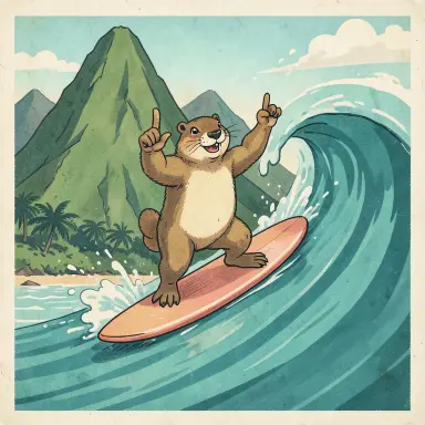 a marmot surfing a big wave, flashing a V sign, 1950s illustration style, FLUX.2