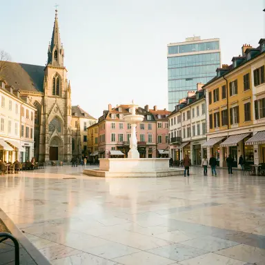 a sunlit city square with a fountain and buildings of different eras, 35mm film style, FLUX.2