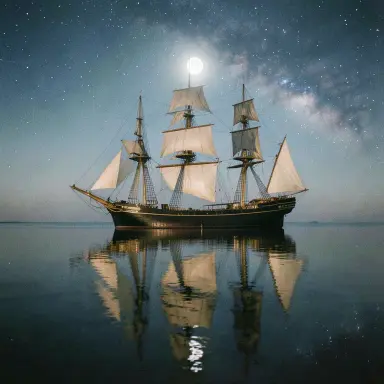 a clipper ship on a mirror-flat sea under the full moon, 35mm film style, FLUX.2