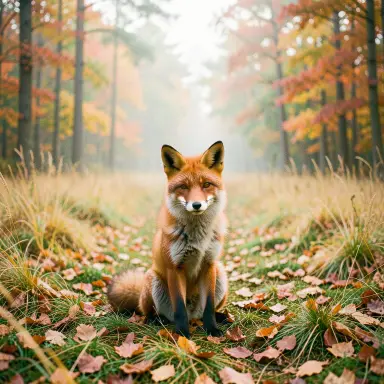 a red fox sitting in an autumn clearing, 35mm film style, FLUX.2