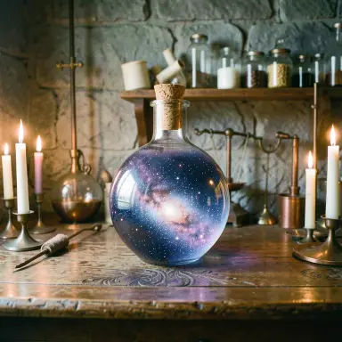 a galaxy swirling inside a glass flask in an alchemist's laboratory, 35mm film style, FLUX.2