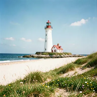 a lighthouse on a rocky islet, beach and dunes in front, 35mm film style, FLUX.2