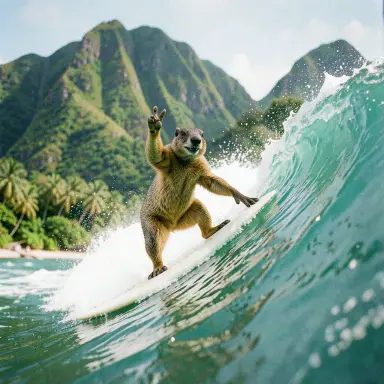 a marmot surfing a big wave, flashing a V sign, 35mm film style, FLUX.2
