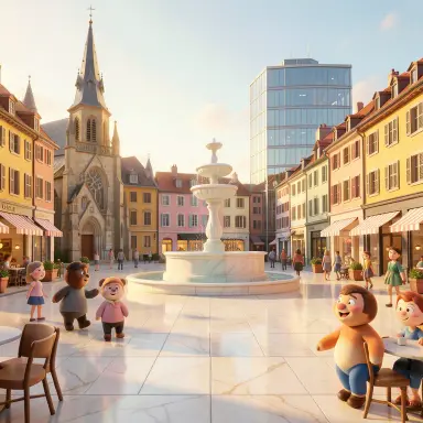 a sunlit city square with a fountain and buildings of different eras, 3d animation style, FLUX.2