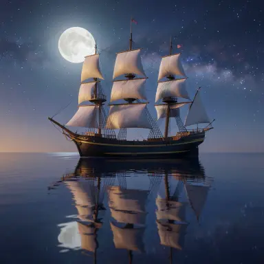a clipper ship on a mirror-flat sea under the full moon, 3d animation style, FLUX.2