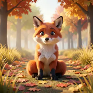 a red fox sitting in an autumn clearing, 3d animation style, FLUX.2