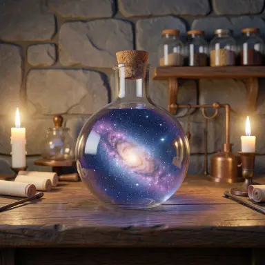 a galaxy swirling inside a glass flask in an alchemist's laboratory, 3d animation style, FLUX.2