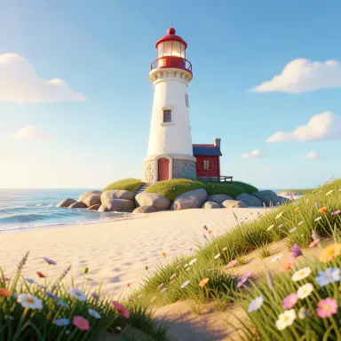 a lighthouse on a rocky islet, beach and dunes in front, 3d animation style, FLUX.2