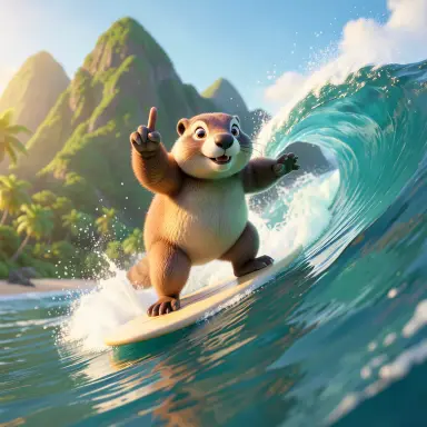 a marmot surfing a big wave, flashing a V sign, 3d animation style, FLUX.2