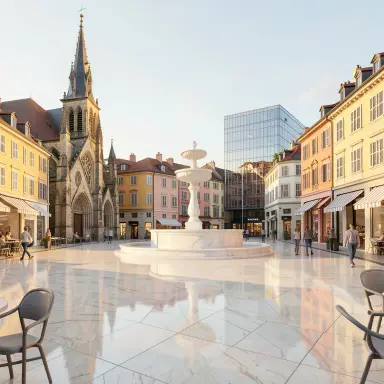 a sunlit city square with a fountain and buildings of different eras, 3d render style, FLUX.2