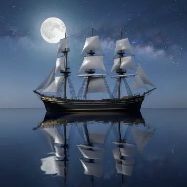 a clipper ship on a mirror-flat sea under the full moon, 3d render style, FLUX.2