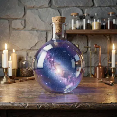 a galaxy swirling inside a glass flask in an alchemist's laboratory, 3d render style, FLUX.2