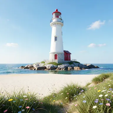 a lighthouse on a rocky islet, beach and dunes in front, 3d render style, FLUX.2