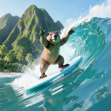a marmot surfing a big wave, flashing a V sign, 3d render style, FLUX.2