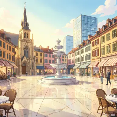a sunlit city square with a fountain and buildings of different eras, anime style, FLUX.2
