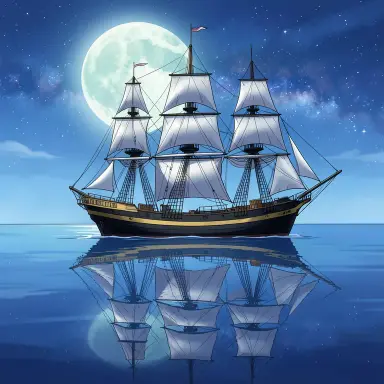 a clipper ship on a mirror-flat sea under the full moon, anime style, FLUX.2