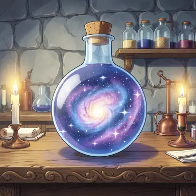 a galaxy swirling inside a glass flask in an alchemist's laboratory, anime style, FLUX.2