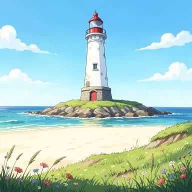 a lighthouse on a rocky islet, beach and dunes in front, anime style, FLUX.2