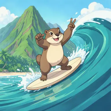 a marmot surfing a big wave, flashing a V sign, anime style, FLUX.2