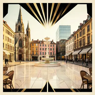 a sunlit city square with a fountain and buildings of different eras, art deco style, FLUX.2