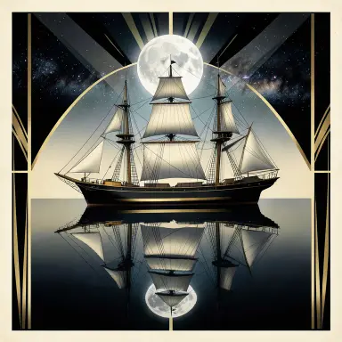 a clipper ship on a mirror-flat sea under the full moon, art deco style, FLUX.2